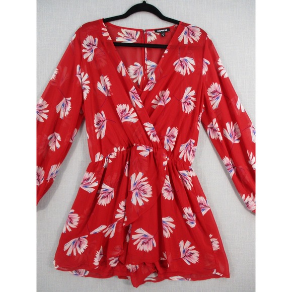 Express Red Floral Chiffon Long Sleeve Romper Surplice Wrap Tie Waist Womens M - Picture 2 of 14